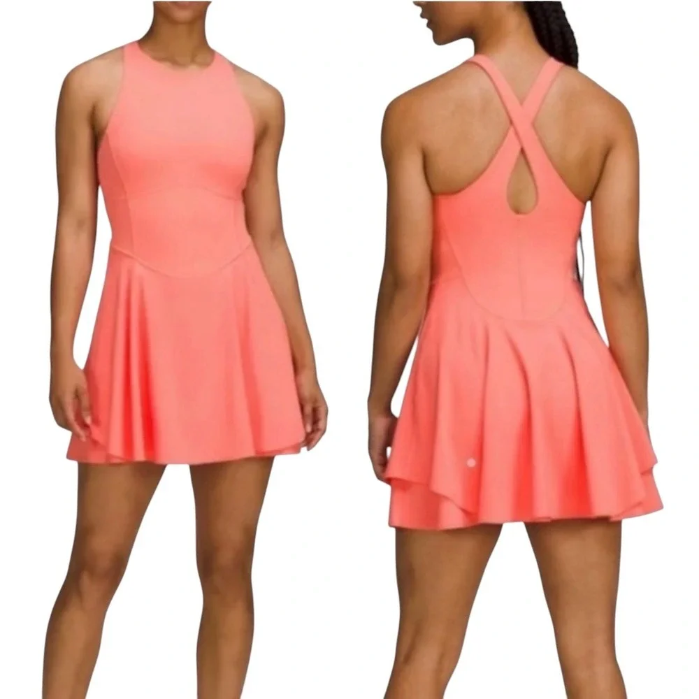 Lululemon Court Crush Dress Coral Pink Tennis Athletic Mini Dress Cross Back 8